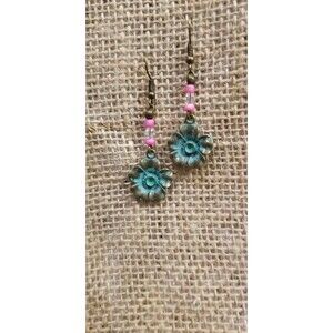 Copper Vintage Patina Flower Dangle Earrings